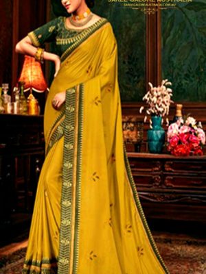 Exclusive Designer Mustard Yellow and Green Embroidery Saree @ Saree Galore Australia